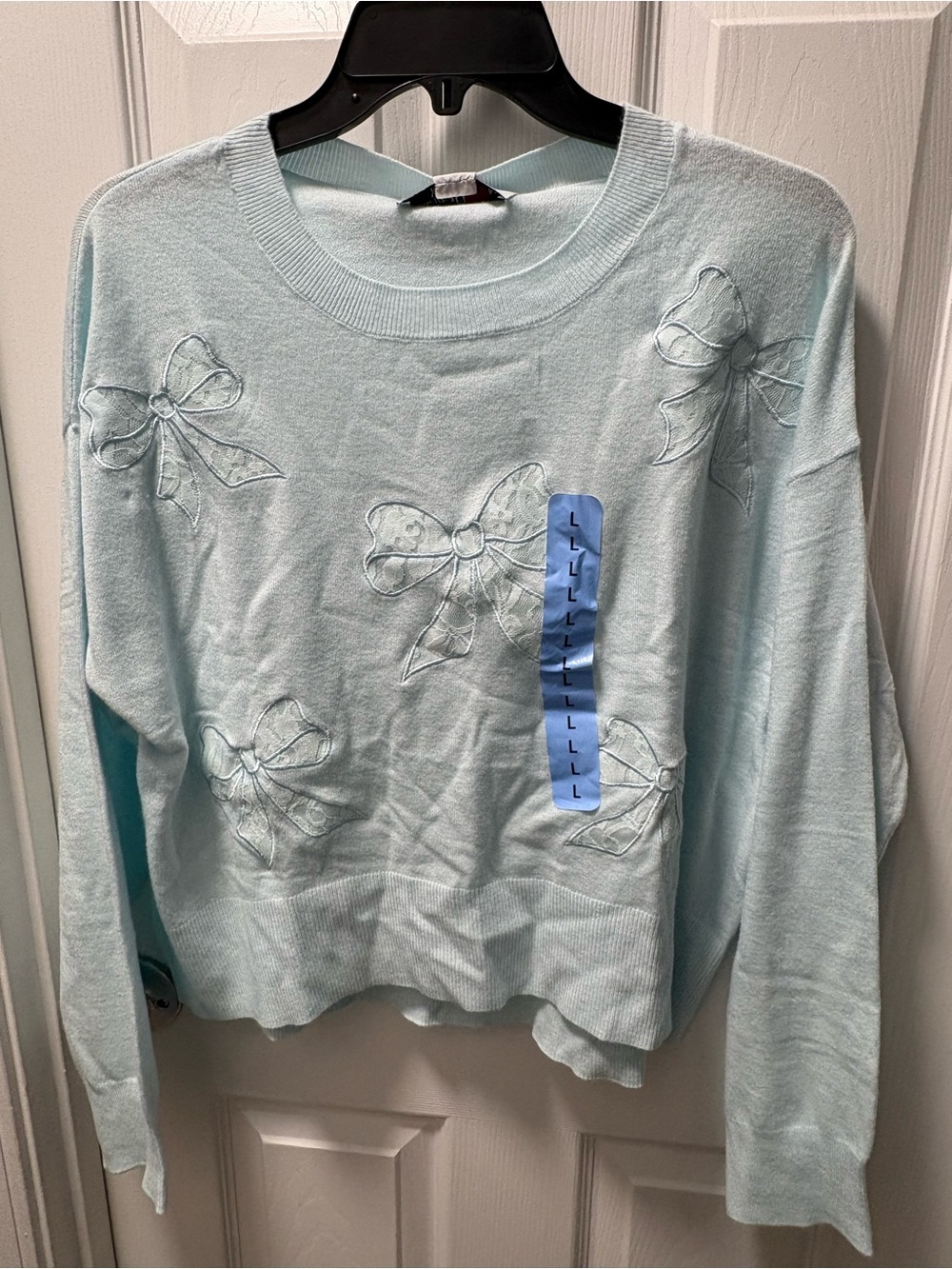 Bridgerton Women's Light Blue Bow-Detail Crew Neck Sweater